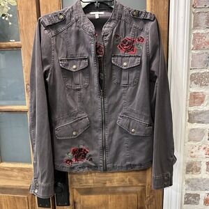 Maurice's Women's Rose Embroidered Zip‎ Up Jacket Gray Womens Medium